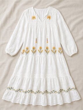 Zara Embroidered Floral Textured Boho Midi Dress White Size Medium Cottagecore